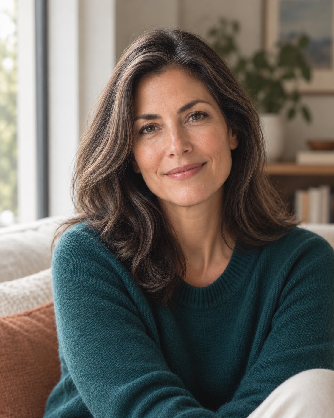 A woman sitting calmly at home, a moment of quiet confidence