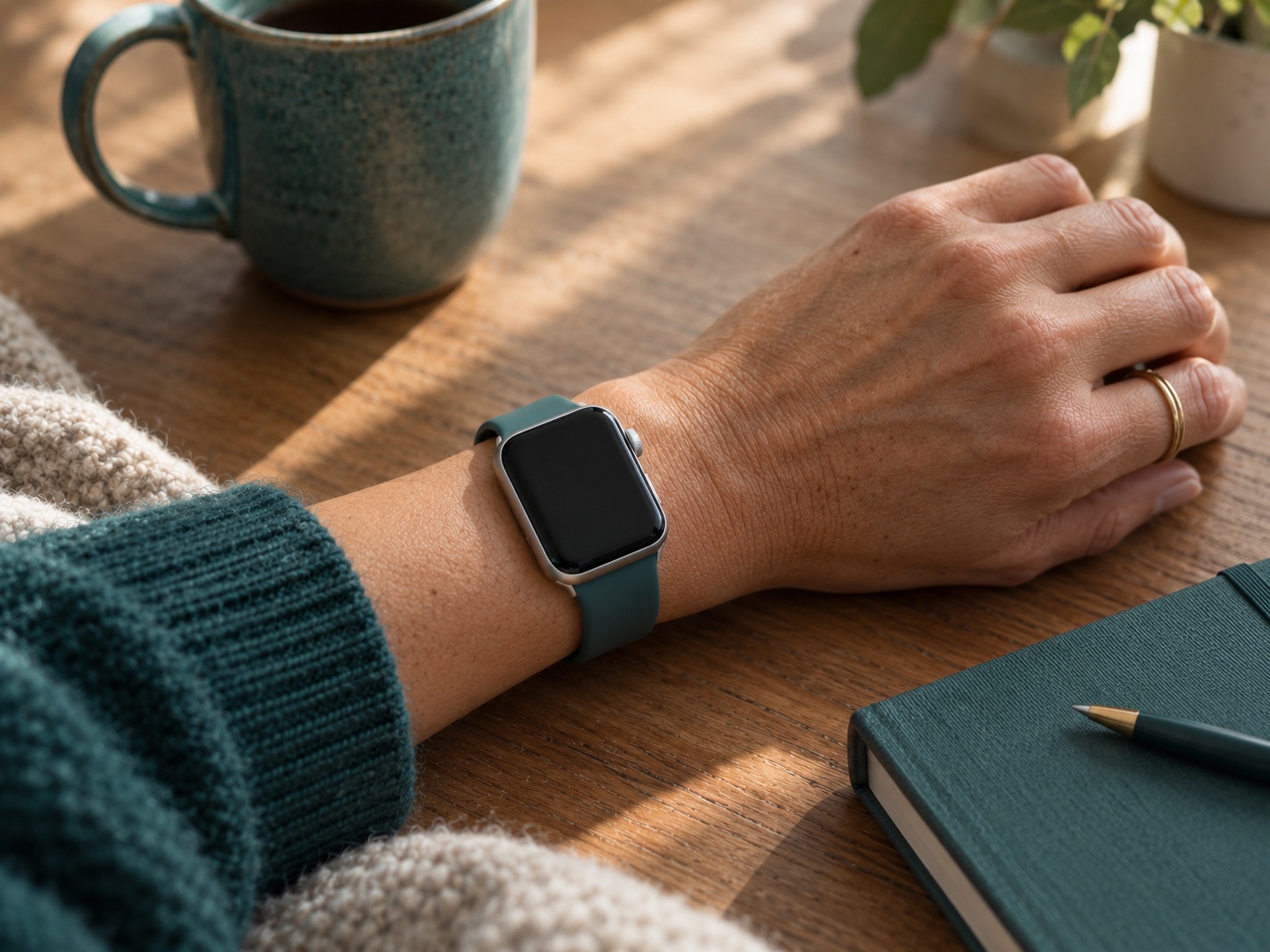 An Apple Watch on a wrist, resting on a table next to a notebook and a cup of tea